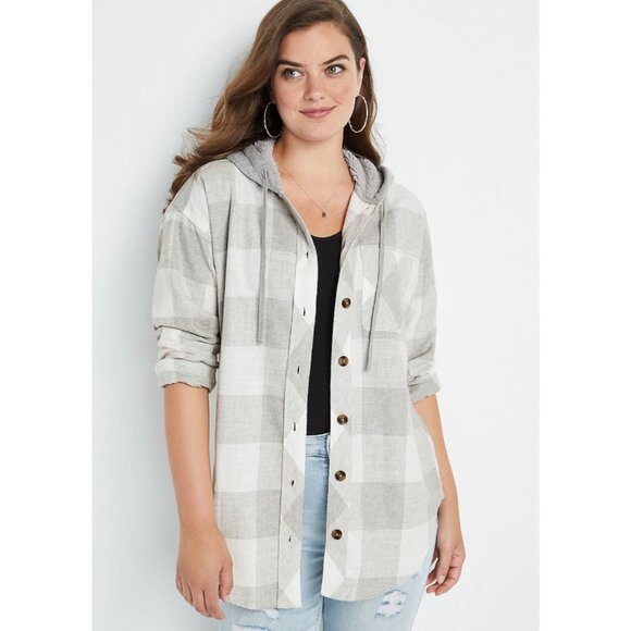 Maurices Hooded Flannel Button Up Medium Gray Buffalo Plaid Shacket Cabincore - Picture 2 of 13